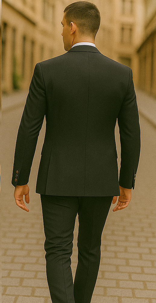 Rossiman Black Suit for Men – Classic 1-Button Peak Lapel Jacket & Double-Breasted Vest 3 SKU#58165  - from alligatorwarehouse.com