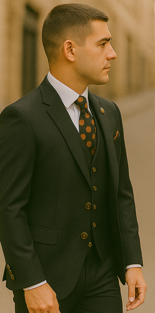 Rossiman Black Suit for Men – Classic 1-Button Peak Lapel Jacket & Double-Breasted Vest