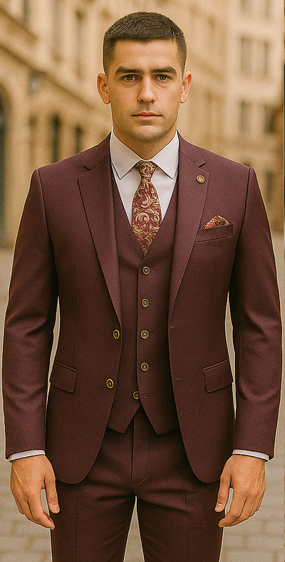Rossiman Burgundy Suit for Men – Peak Lapel 1-Button Jacket & Double-Breasted Vest 1 SKU#58168  - from alligatorwarehouse.com