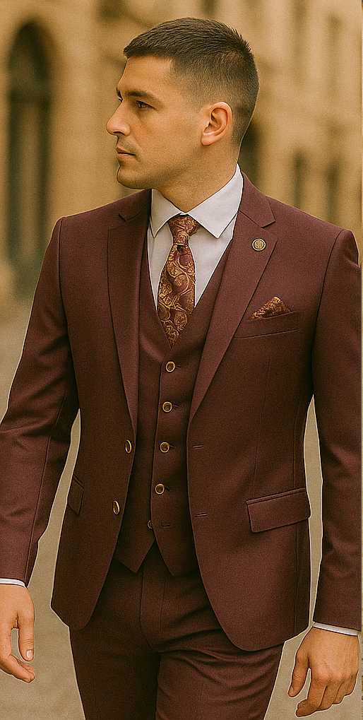 Rossiman Burgundy Suit for Men – Peak Lapel 1-Button Jacket & Double-Breasted Vest