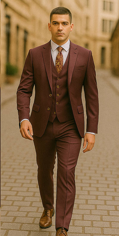 Rossiman Burgundy Suit for Men – Peak Lapel 1-Button Jacket & Double-Breasted Vest 5 SKU#58168  - from alligatorwarehouse.com