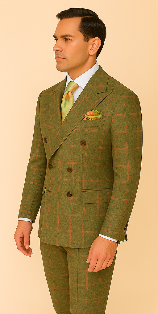 Rossiman Suit – Sage Green & Burnt Orange Windowpane Plaid Double-Breasted Suit
