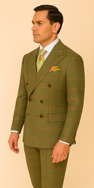Rossiman Suit – Sage Green & Burnt Orange Windowpane Plaid Double-Breasted Suit 3   - from alligatorwarehouse.com