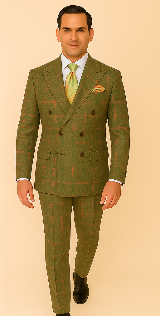 Rossiman Suit – Sage Green & Burnt Orange Windowpane Plaid Double-Breasted Suit
