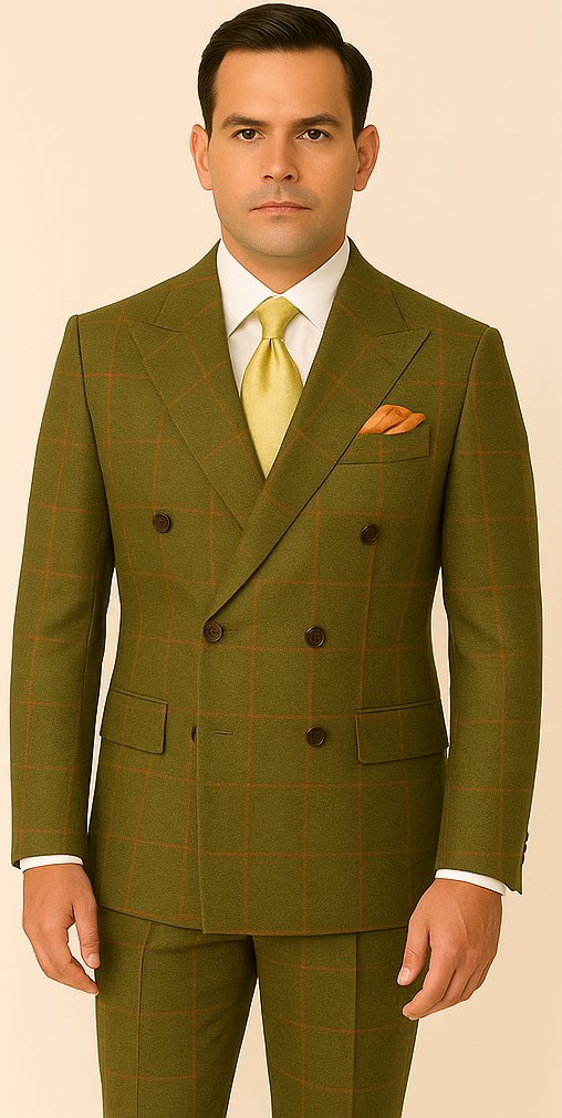 Rossiman Suit – Sage Green & Burnt Orange Windowpane Plaid Double-Breasted Suit