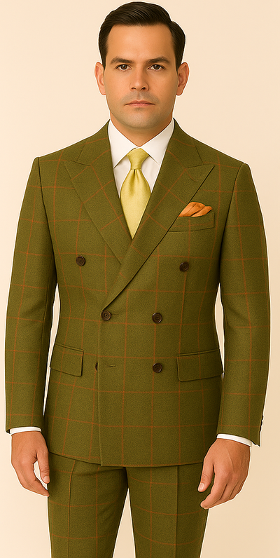 Rossiman Suit – Sage Green & Burnt Orange Windowpane Plaid Double-Breasted Suit 1   - from alligatorwarehouse.com