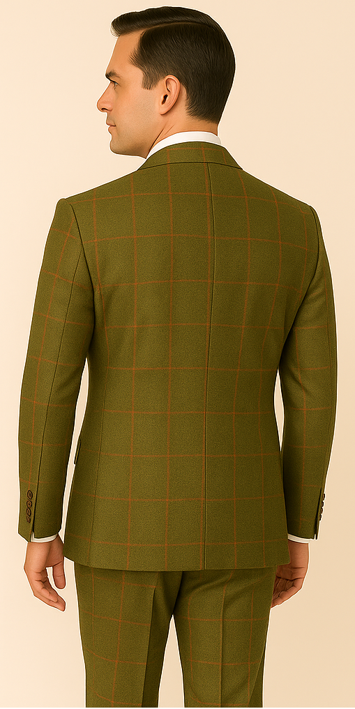 Rossiman Suit – Sage Green & Burnt Orange Windowpane Plaid Double-Breasted Suit