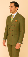 Rossiman Suit – Sage Green & Burnt Orange Windowpane Plaid Double-Breasted Suit