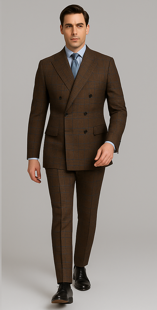 Rossiman Brown & Blue Vintage Glen Plaid Suit with Windowpane Pattern