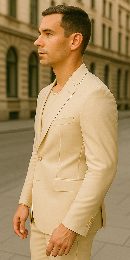 Rossiman Men’s Cream Sateen Suit – Elegant Glossy Formalwear