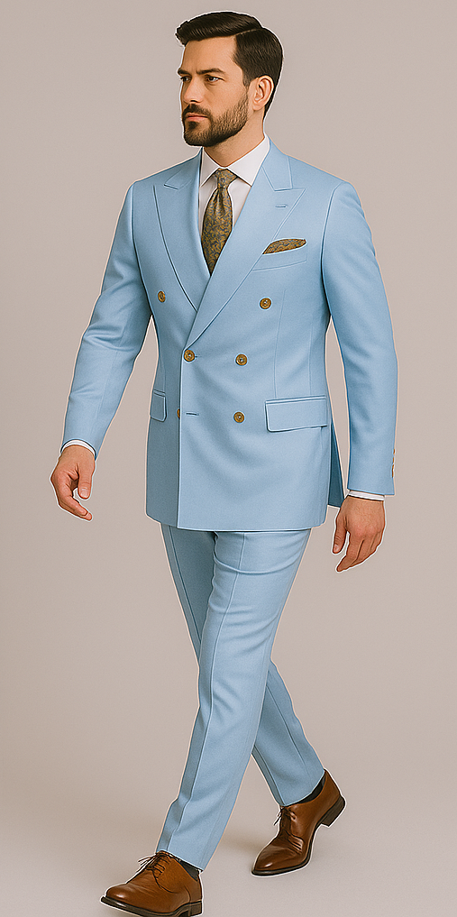 Rossiman Men’s Light Blue Slim Fit Suit – Elegant Double-Breasted Design