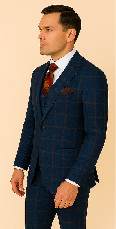 Rossiman Men’s Navy & Gray Plaid Suit – Classic Windowpane Double-Breasted Design 4   - from alligatorwarehouse.com