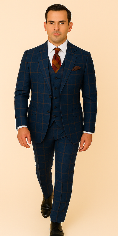 Rossiman Men’s Navy & Gray Plaid Suit – Classic Windowpane Double-Breasted Design 5   - from alligatorwarehouse.com