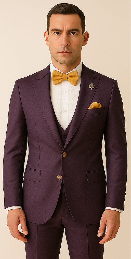 Rossiman Men’s Plum Purple Suit – Gold Buttoned Double-Breasted Elegance 1 SKU#61424  - from alligatorwarehouse.com