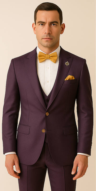 Rossiman Men’s Plum Purple Suit – Gold Buttoned Double-Breasted Elegance 1 SKU#61424  - from alligatorwarehouse.com