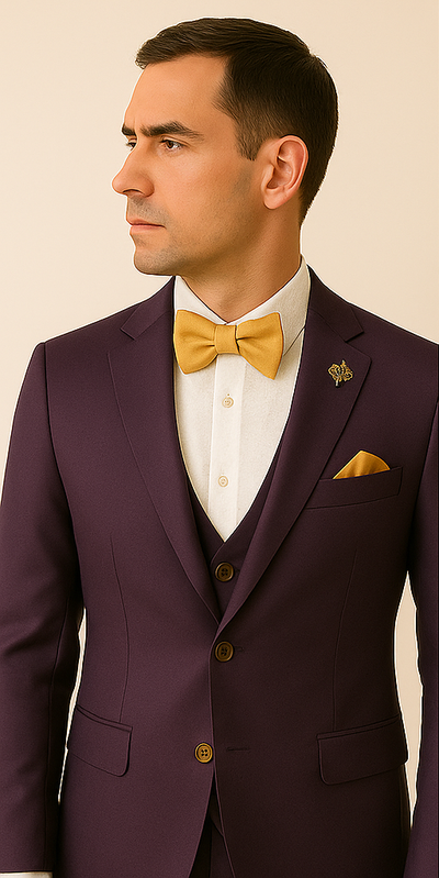Rossiman Men’s Plum Purple Suit – Gold Buttoned Double-Breasted Elegance 4 SKU#61424  - from alligatorwarehouse.com