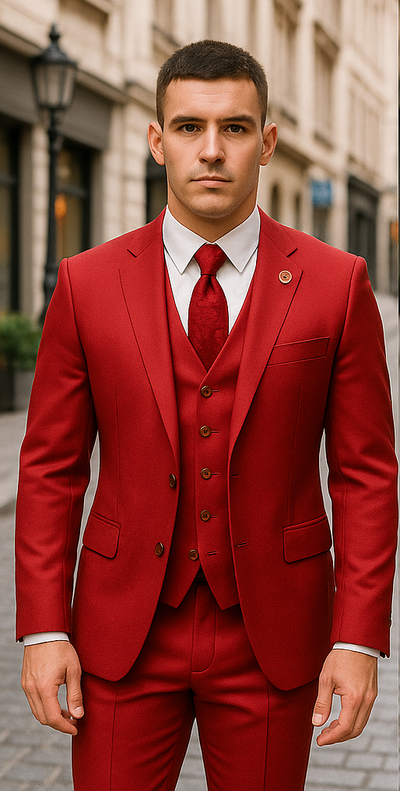 Rossiman Men's Red Suit – Stylish 1-Button Peak Lapel Jacket & Double-Breasted Vest 1 SKU#58170  - from alligatorwarehouse.com