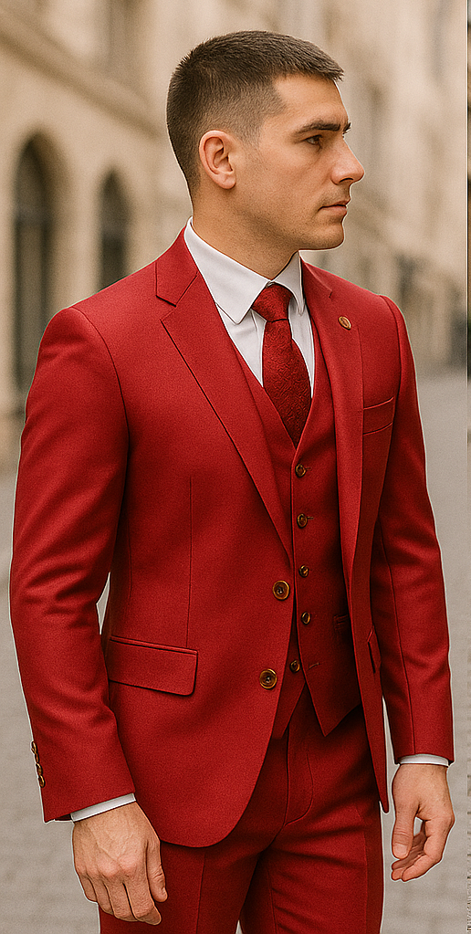 Rossiman Men's Red Suit – Stylish 1-Button Peak Lapel Jacket & Double-Breasted Vest