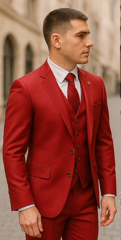Rossiman Men's Red Suit – Stylish 1-Button Peak Lapel Jacket & Double-Breasted Vest 4 SKU#58170  - from alligatorwarehouse.com