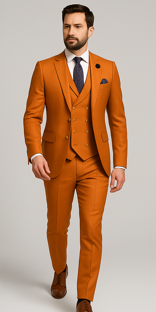 Rossiman Men's Rust Slim Fit Suit – 3-Piece Set with Double-Breasted Vest & Flat Front Pants