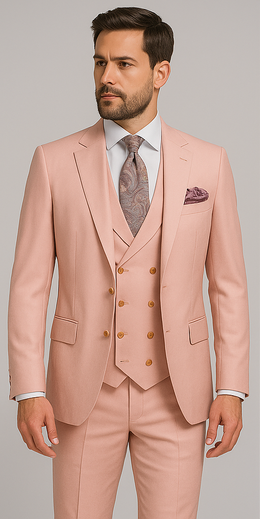 Rossiman Men's Slim Fit Pink Suit – Elegant Double-Breasted Vest & Tailored Flat Front Pants