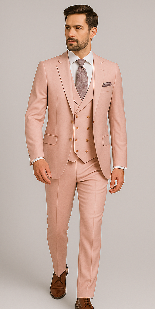 Rossiman Men's Slim Fit Pink Suit – Elegant Double-Breasted Vest & Tailored Flat Front Pants