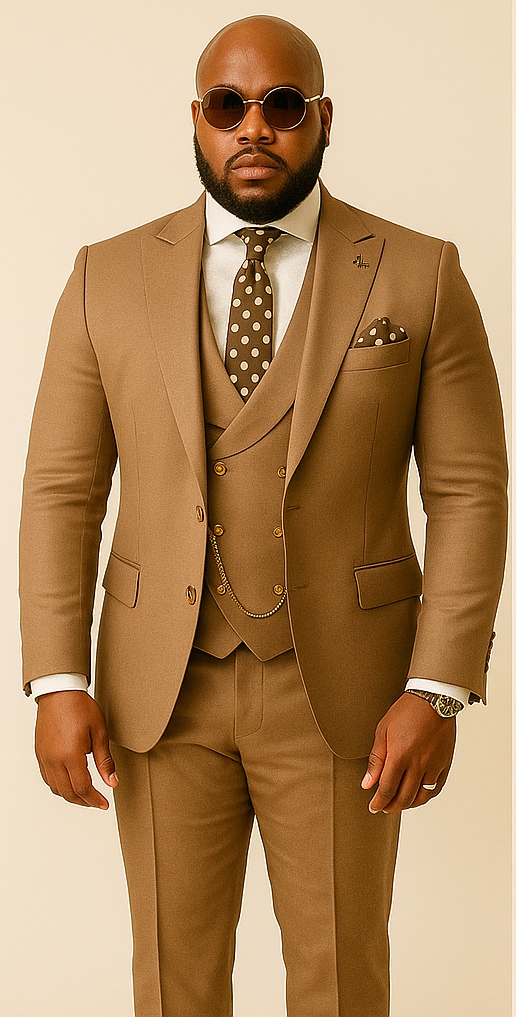 Rossiman Men’s Tan Suit – Gold Buttons & Double-Breasted Vest Elegance