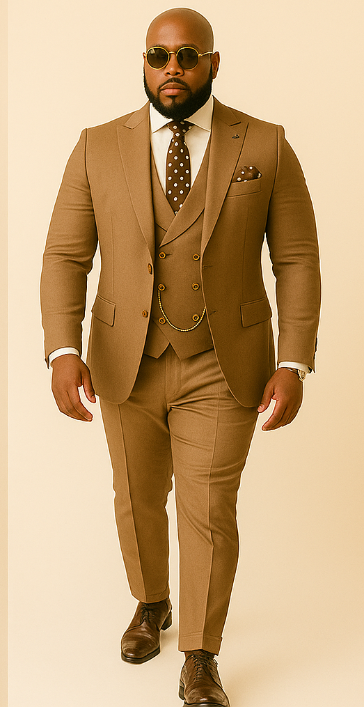Rossiman Men’s Tan Suit – Gold Buttons & Double-Breasted Vest Elegance
