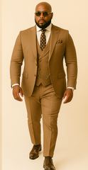 Rossiman Men’s Tan Suit – Gold Buttons & Double-Breasted Vest Elegance