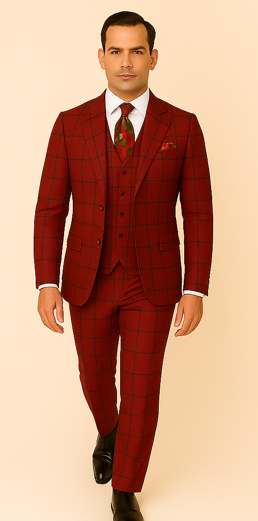 Rossiman Suit – Red & Blue Plaid Windowpane Double-Breasted Suit for Men