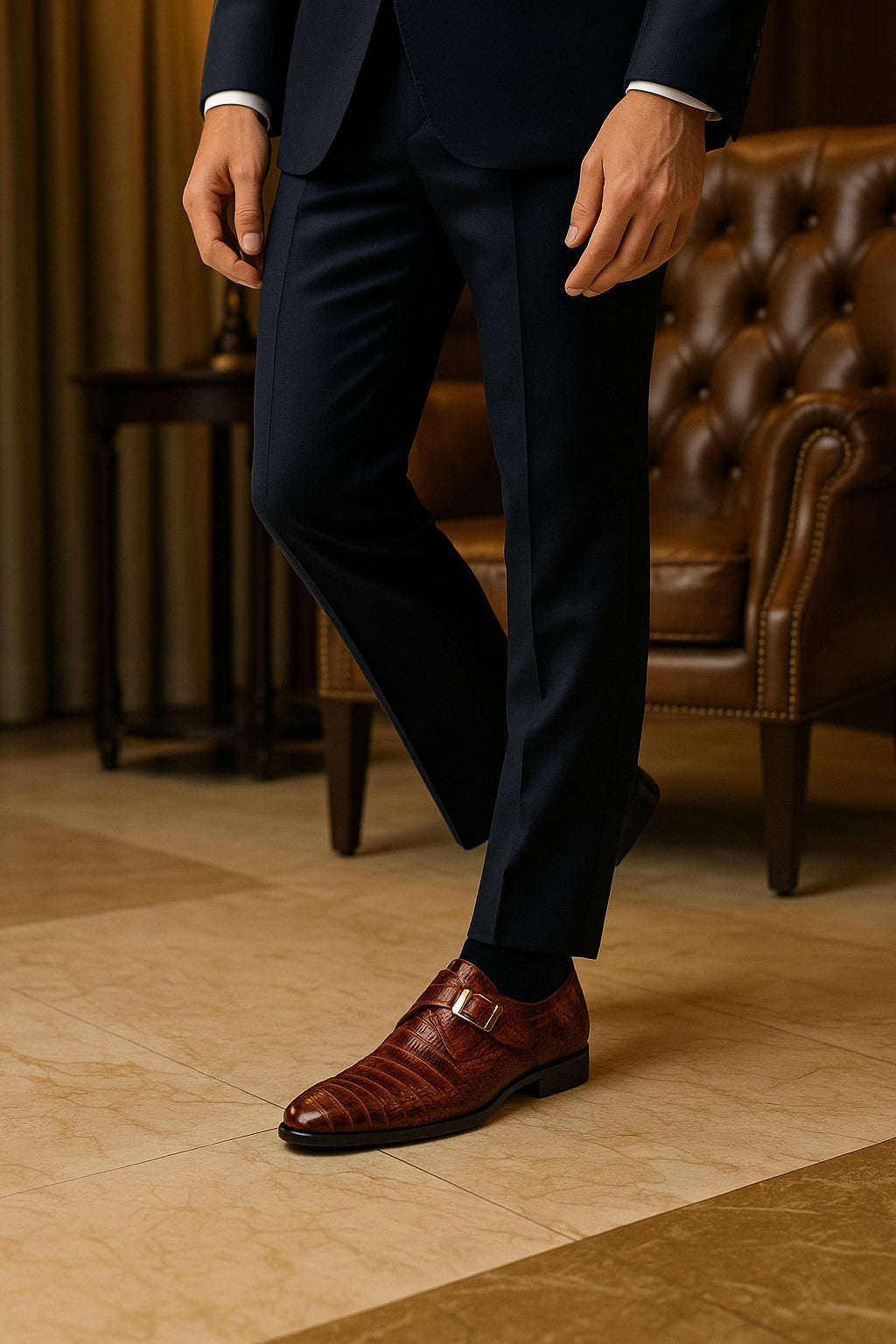 Marco Di Milano Rovigo Cognac Exotic Crocodile Skin Single Monk-strap Loafers