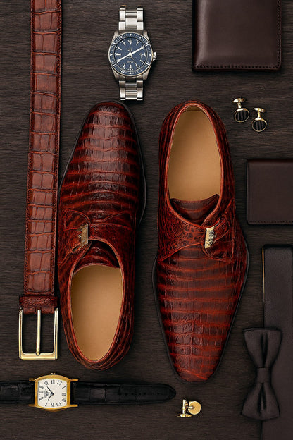 Marco Di Milano Rovigo Cognac Exotic Crocodile Skin Single Monk-strap Loafers