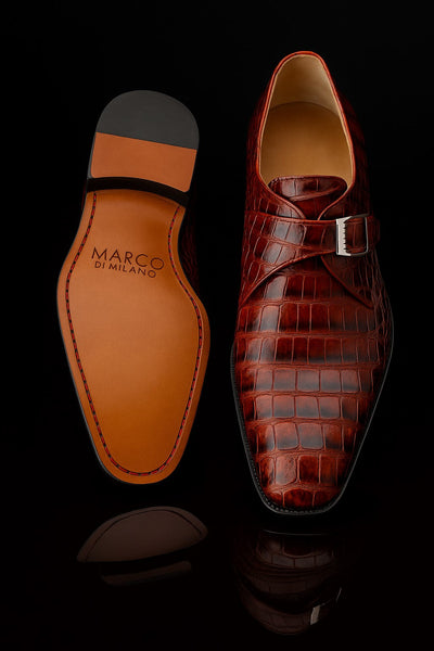 Marco Di Milano Rovigo Cognac Exotic Crocodile Skin Single Monk-strap Loafers
