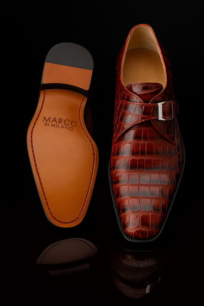 Marco Di Milano Rovigo Cognac Exotic Crocodile Skin Single Monk-strap Loafers