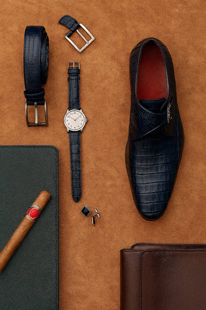 Marco Di Milano Rovigo Navy Exotic Crocodile Skin Single Monk-strap Loafers