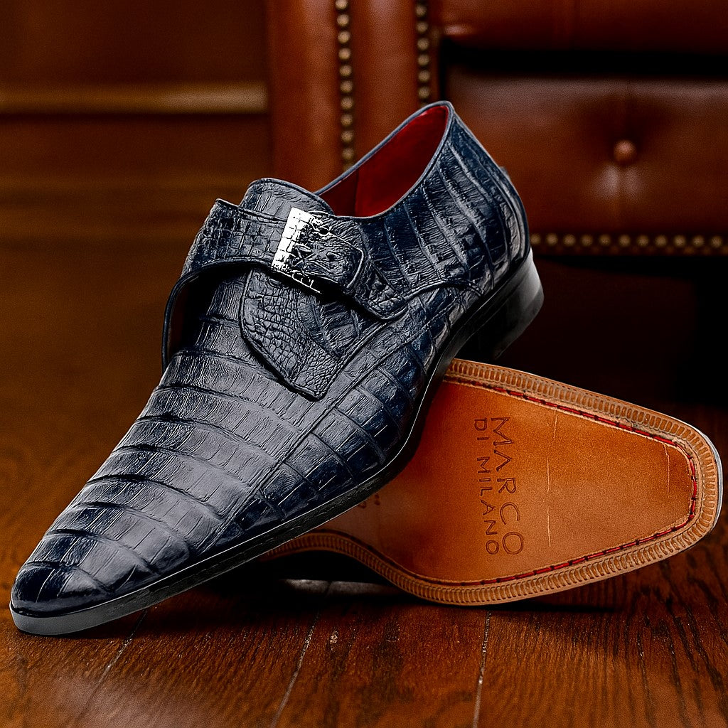Marco Di Milano Rovigo Navy Exotic Crocodile Skin Single Monk-strap Loafers
