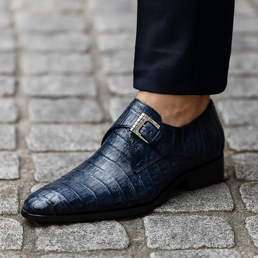 Marco Di Milano Rovigo Navy Exotic Crocodile Skin Single Monk-strap Loafers