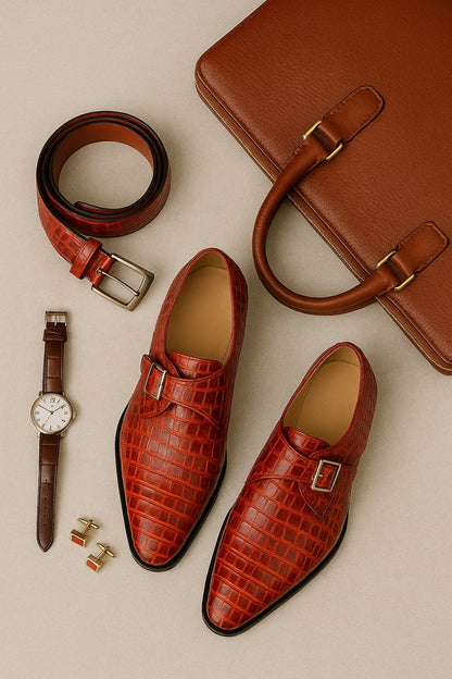 Marco Di Milano Rovigo Rustic Cognac Exotic Crocodile Skin Single Monk-strap Loafers