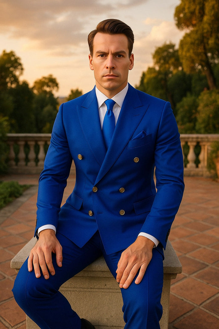Mens Royal Blue Double-Breasted Suit with Gold Buttons Slim Fit Formal 2-Piece Set