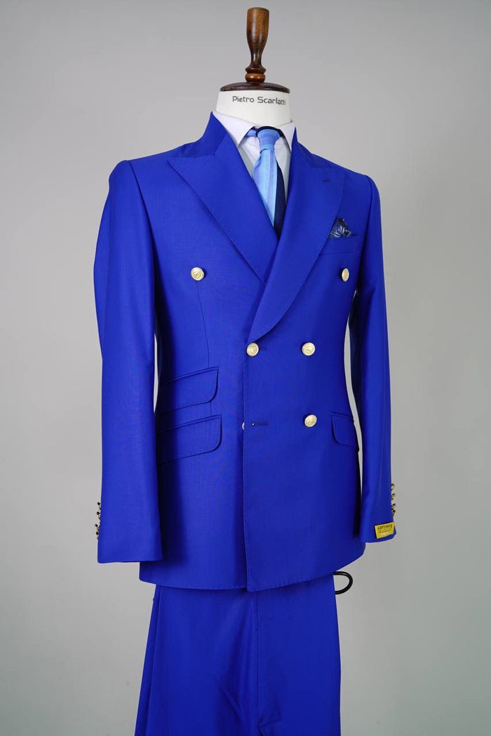 Mens Royal Blue Double-Breasted Suit with Gold Buttons Slim Fit Formal 2-Piece Set