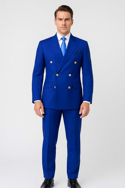 Mens Royal Blue Double-Breasted Suit with Gold Buttons Slim Fit Formal 2-Piece Set