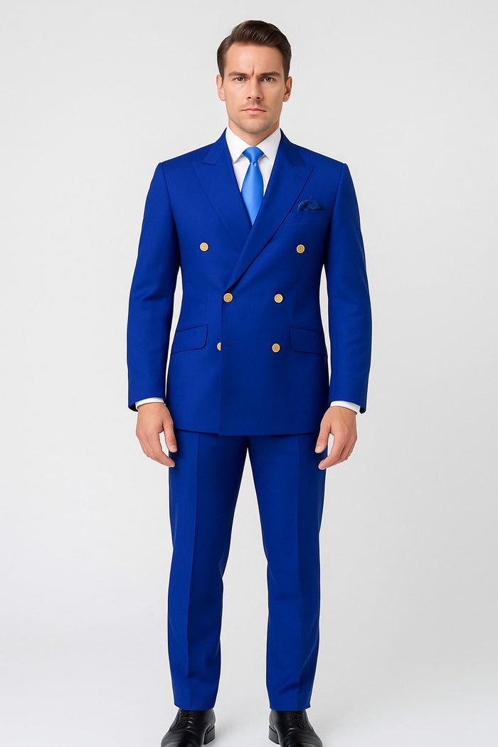 Mens Royal Blue Double-Breasted Suit with Gold Buttons Slim Fit Formal 2-Piece Set
