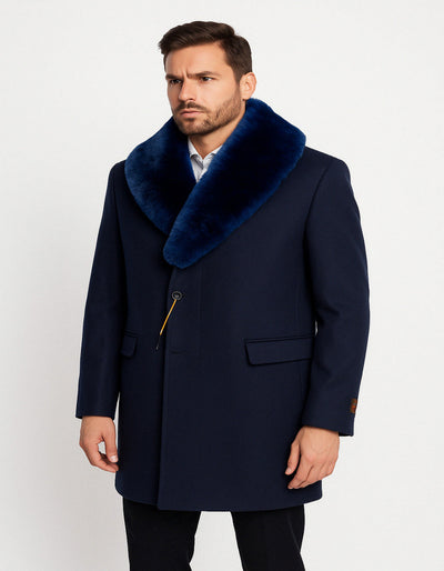 Mens Navy Wool Overcoat with Royal Blue Faux Fur Shawl Collar Cashmere Carcoat 2   - from alligatorwarehouse.com