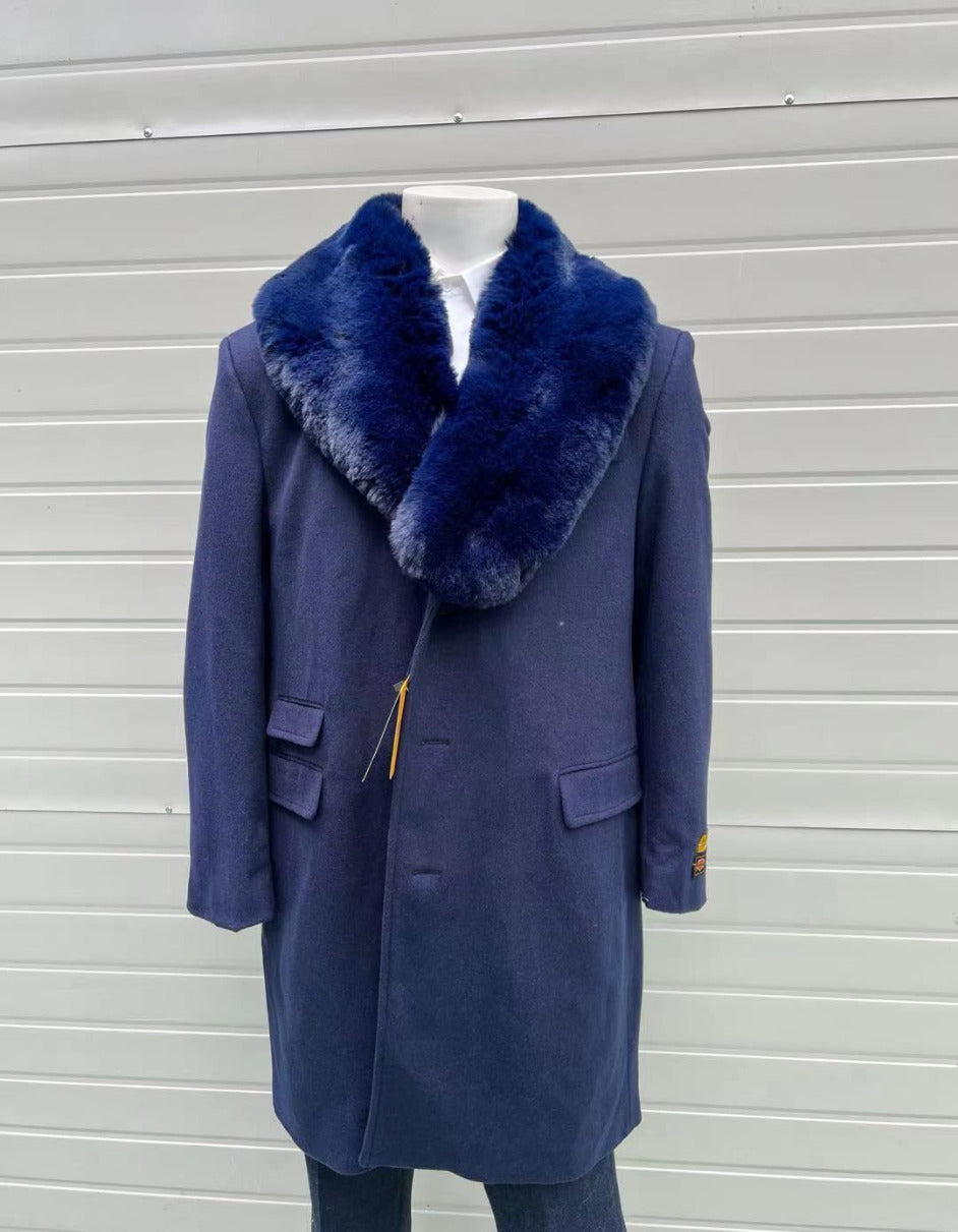 Mens Navy Wool Overcoat with Royal Blue Faux Fur Shawl Collar Cashmere Carcoat