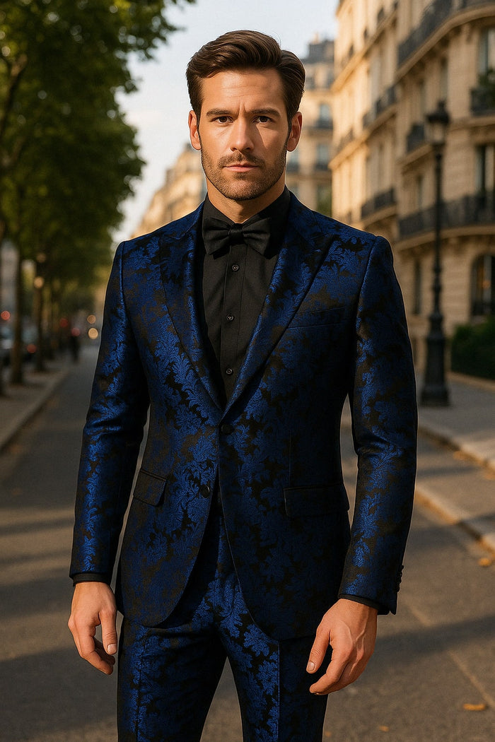 Mens Royal Blue Metallic Floral Suit ƒ?? Black Background Two Piece Tuxedo Set