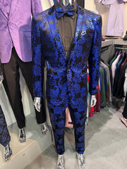 Mens Royal Blue Metallic Floral Suit ƒ?? Black Background Two Piece Tuxedo Set