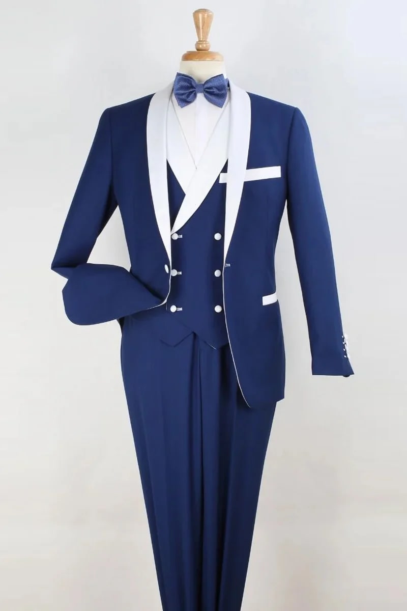 Royal Blue and White Lapel Tuxedo Vested Suit - Shawl Collar Double Breasted Vest 1   - from alligatorwarehouse.com