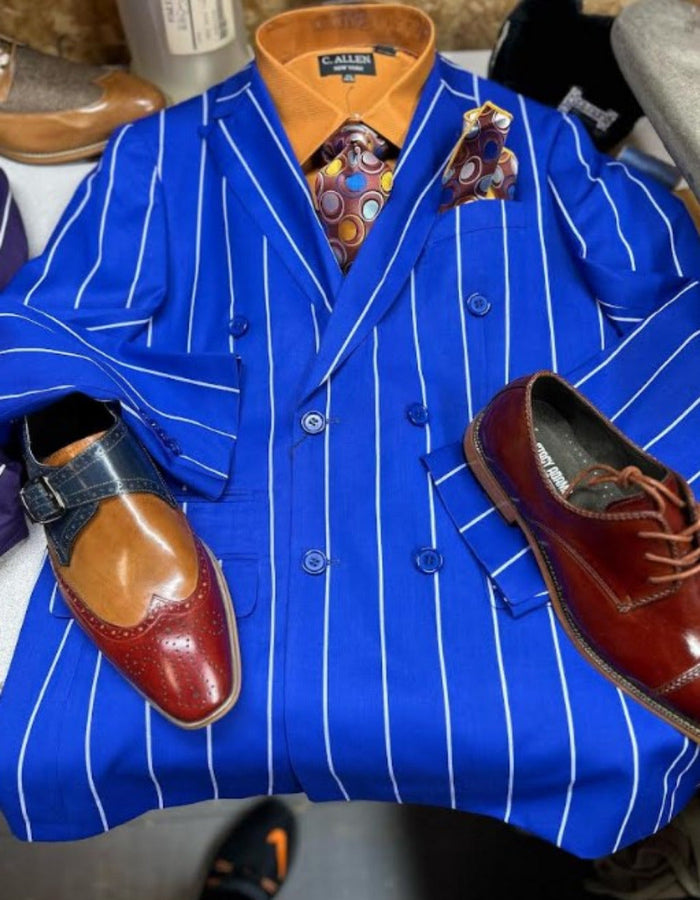 Mens Double Breasted Blazer Suit Jacket - Bold Pinstripe Sport Coat in Royal and White Pinstripe
