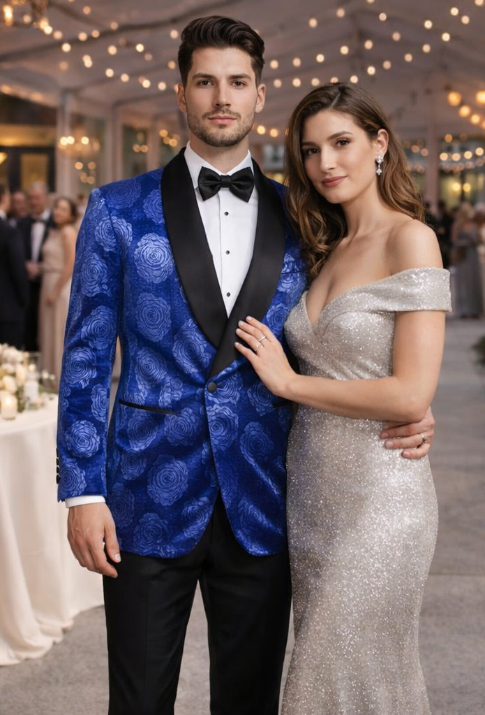 Men’s Formal Royal Blue Rose Tuxedo Jacket with Shawl Lapel