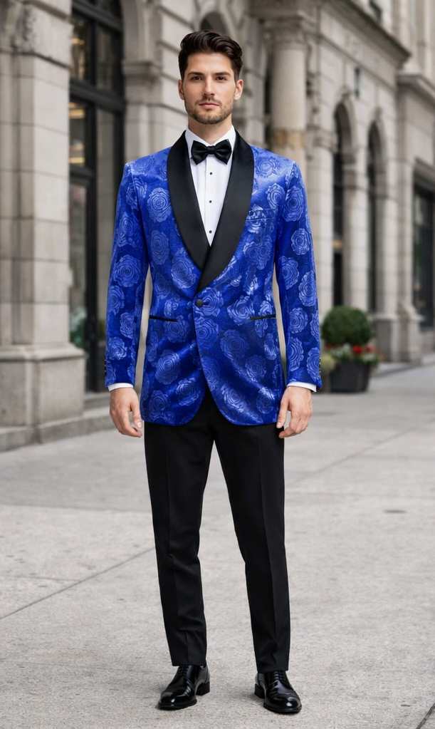 Men’s Formal Royal Blue Rose Tuxedo Jacket with Shawl Lapel